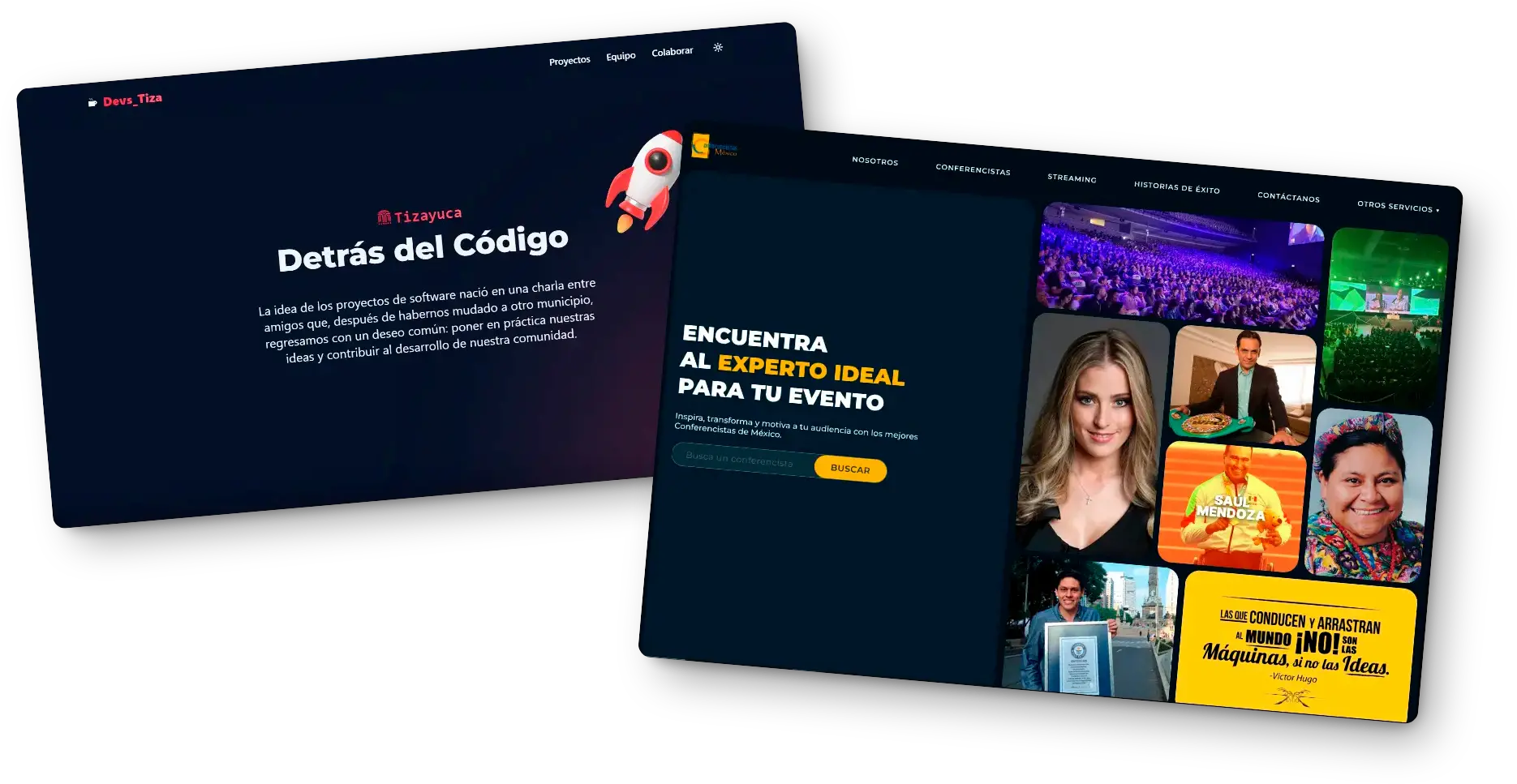 View of two website interfaces with modern and dark design. The first screen shows the title 'Behind the Code' with a rocket and dark background, explaining the origin of a community software project. The second screen presents a platform for finding speakers, with an attractive design, expert photos, and a prominent search button.